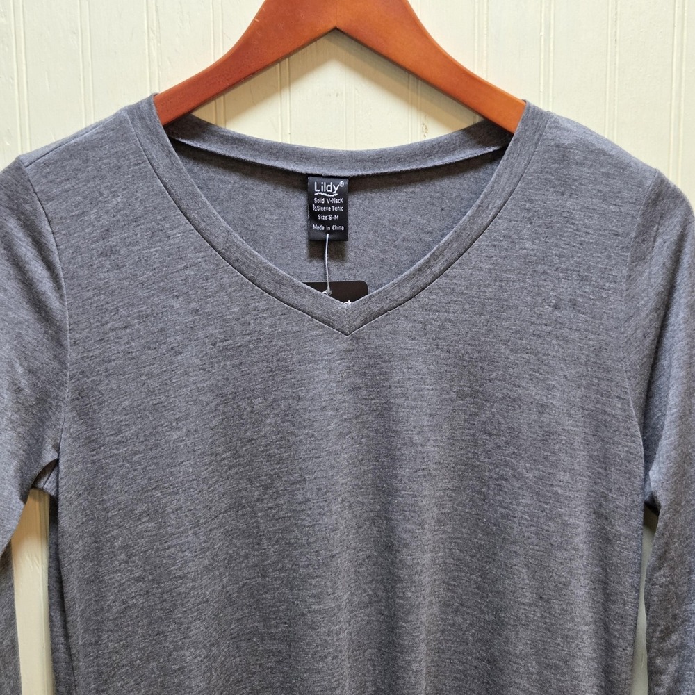Lildy‎ Blouse Womens S-M Gray Solid V Neck 3/4 Sleeve Tunic Top Jersey Stretch